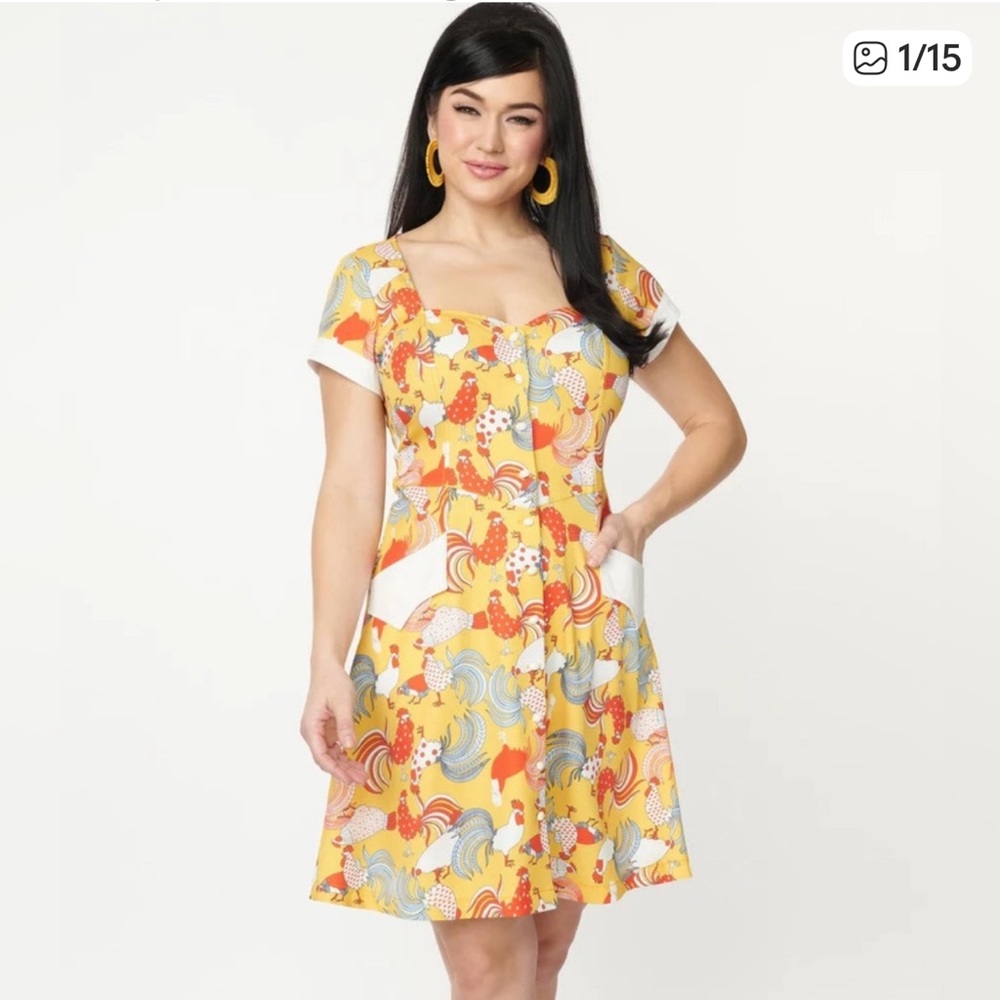 Unique Vintage Floral Dress with Red and Yellow Accents Chickens NEVER WORN